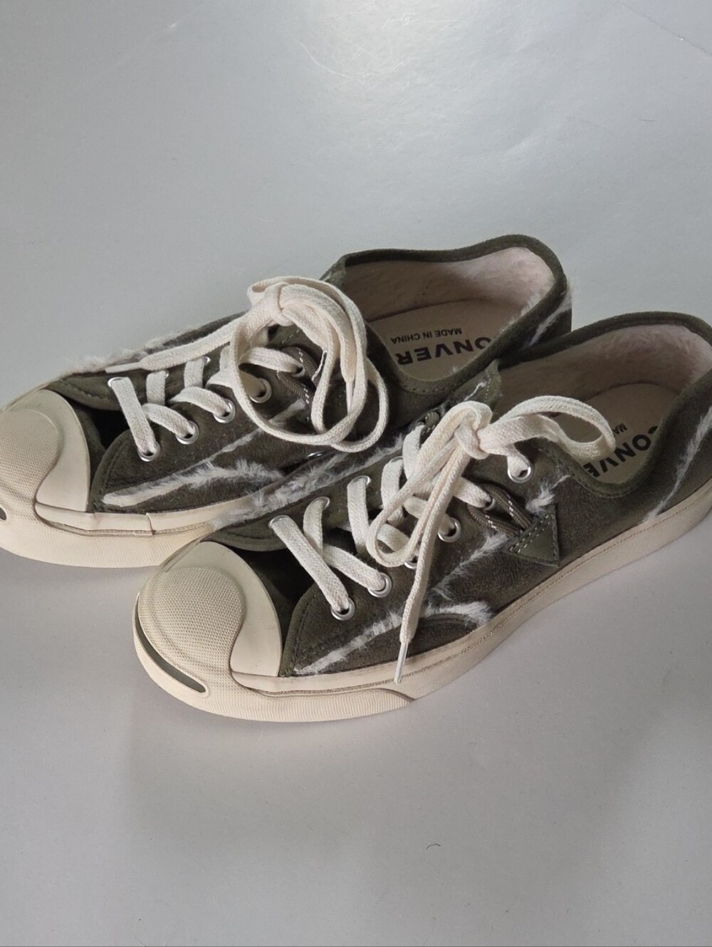 Converse Jack Purcell Olive Green Faux Fur Frayed Distressed Suede Sneakers 7